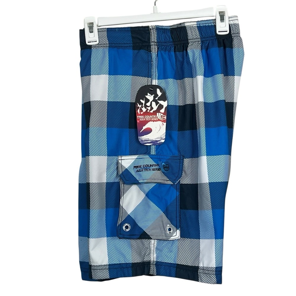 FREE COUNTRY Men's Swim Trunks Plaid Cargo Shorts Size Large Blue‎ Black White